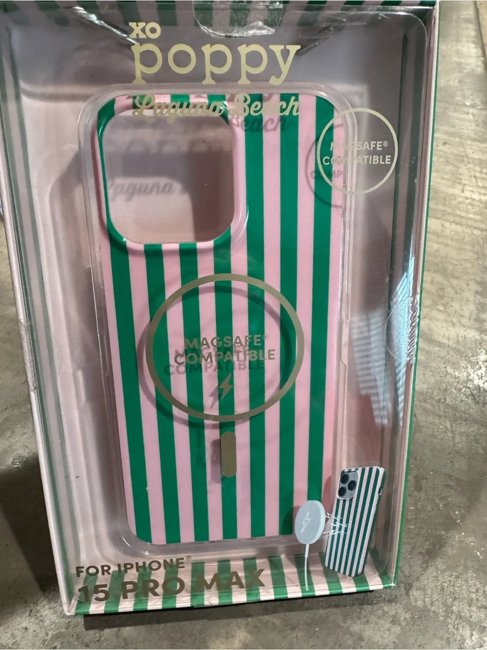 XO Poppy Striped MagSafe-Compatible iPhone 15 Pro Max Case - Pink & Green stripe